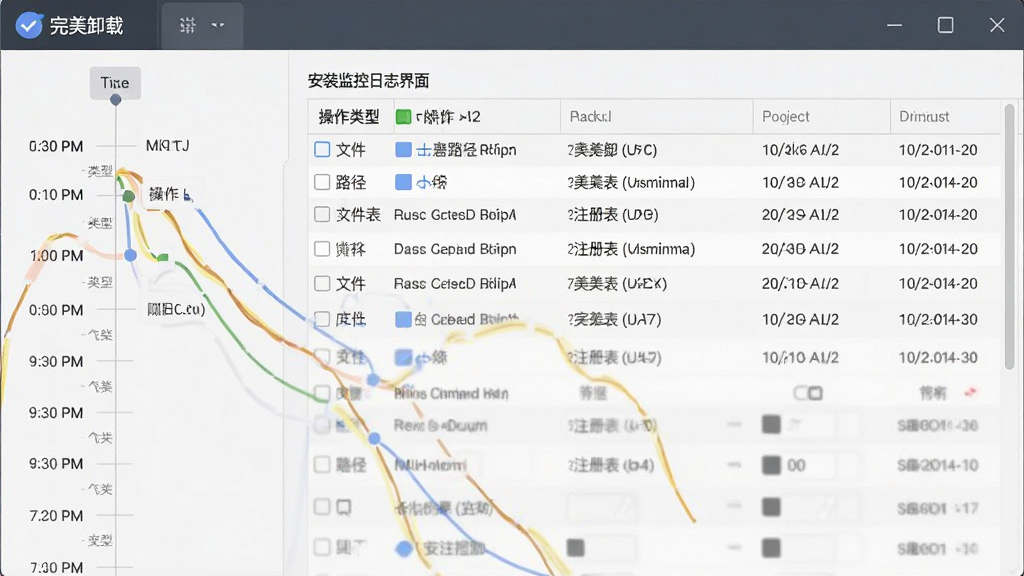 安装监控日志界面,画面中“完美卸载”显示安装监控记录,左侧为时间轴,右侧为文件与注册表变更列表,风格为商务简约,细节包括操作类型、路径、时间戳,画质高清,干净,无多余元素