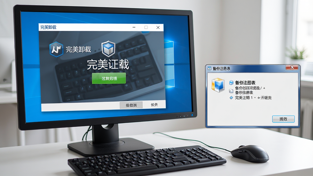 用户操作电脑使用“完美卸载”进行软件清理,画面为桌面环境,软件窗口显示卸载完成提示,旁边有备份注册表的对话框,风格为真实办公场景,细节包括键盘鼠标、显示器、提示弹窗,画质高清,干净,无多余元素