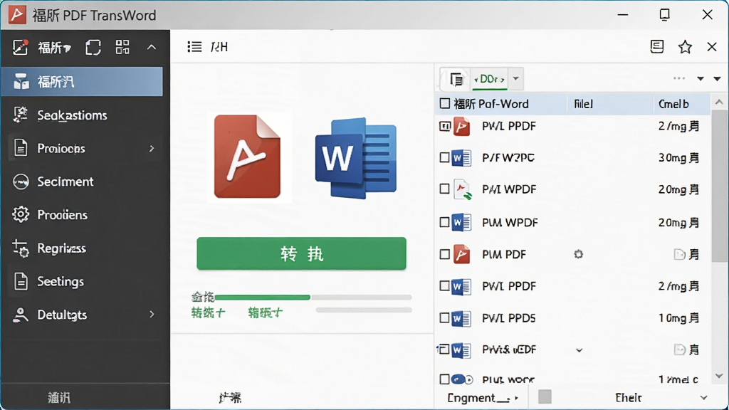 一张展示福昕PDF转Word软件界面的图片,主体为软件主窗口,布局为左侧功能导航、右侧文件列表区,排版整洁,风格为现代办公软件风格,细节包含PDF图标、Word图标、转换按钮、进度条,画质清晰,干净,无多余元素