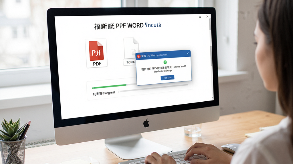 一张展示福昕PDF转Word新手操作场景的图片,主体为电脑屏幕与用户手部,布局为桌面视角,排版自然,风格为办公学习风格,细节包含PDF文件图标、转换进度条、提示弹窗,画质清晰,干净,无多余元素