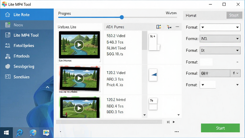 һ��չʾ Lite MP4 Tool ���������ͼƬ�������Ǽ��� Windows ���洰�ڣ����Ϊ���ܵ��������Ҳ�Ϊ��Ƶ�ļ��б���ת�����������������岼���������Ű����룬���Ϊ�ִ���ƽ������ UI ���ϸ�ڰ�������������ʽ�����˵��Ϳ�ʼ��ť�����ʸ��壬����ɾ����޶���Ԫ��