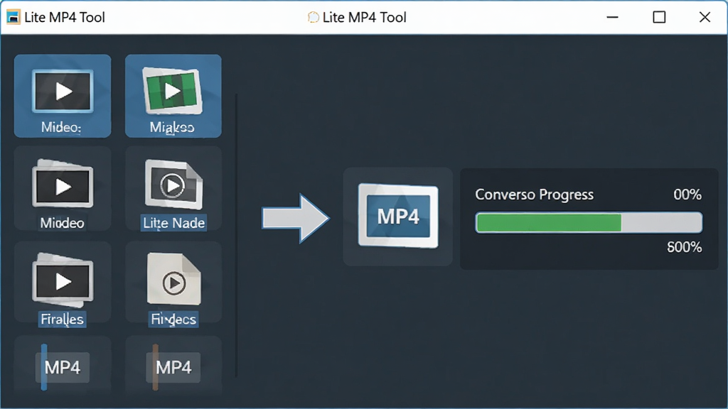 һ��չʾ Lite MP4 Tool ���ʽת�����ܵ�ͼƬ������������ת�����棬����г�������Ƶ��ʽͼ�꣬�м��м�ͷָ�� MP4 ͼ�꣬�Ҳ���ʾת��������������Ϊ��������ʽ�Ű棬���Ϊ�Ƽ��б�ƽ����ƣ�ϸ�ڰ�����ʽ���Ʊ�ǩ�ͽ��Ȱٷֱȣ����ʸ��壬����ɾ����޶���Ԫ��