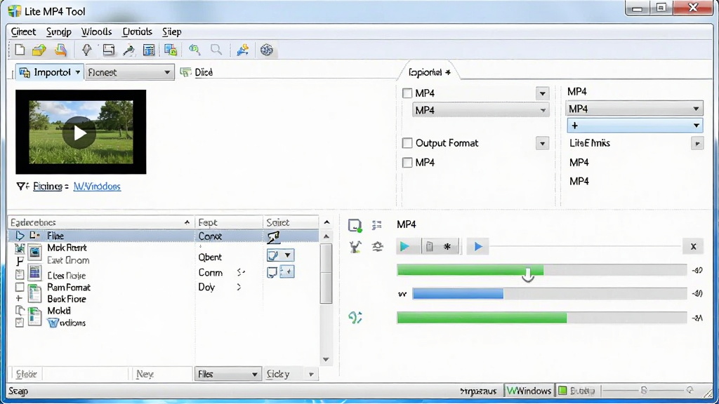һ��չʾ Lite MP4 Tool �� Windows ����������ʱ�Ĳ��������ͼ�����������������ڣ���ʾ��Ƶ�ļ��ѵ��롢�����ʽѡ��Ϊ MP4���������������У�����Ϊ���������������棬���Ϊ��ʵ������ͼ���ϸ�ڰ����˵��������������ļ��б���״̬�������ʸ��壬����ɾ����޶���Ԫ��