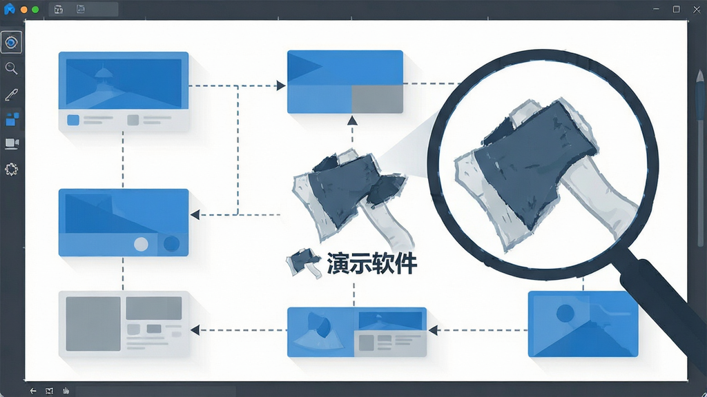 一张斧子演示无限画布功能示意图,画面展示一个大画布上多个内容区块通过虚线路径连接,镜头图标从全局视图放大到局部细节,风格为简洁的矢量插画风,色彩以蓝白灰为主,主体为斧子演示软件名称的Logo标识,布局清晰,画质干净,无多余装饰元素