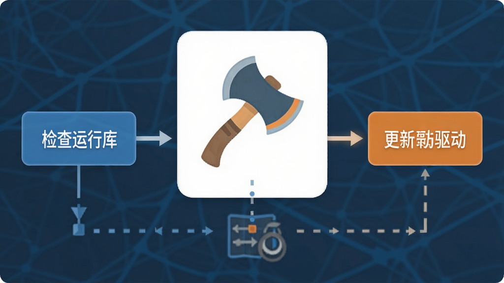 一张斧子演示软件运行故障排查流程图,画面以简洁的步骤图形式展示从检查运行库到更新显卡驱动的过程,风格为扁平化信息图,色彩以蓝橙对比突出关键步骤,主体包含斧子演示图标,布局清晰,画质干净,无多余元素