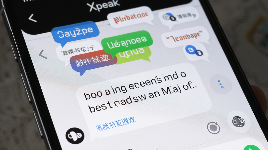手机屏幕特写展示Xpeak聊天界面,一条英文消息下方用蓝色小字显示中文翻译,屏幕上方漂浮着多国语言气泡和翻译图标,整体布局清晰,风格清新,画质细腻,无多余装饰