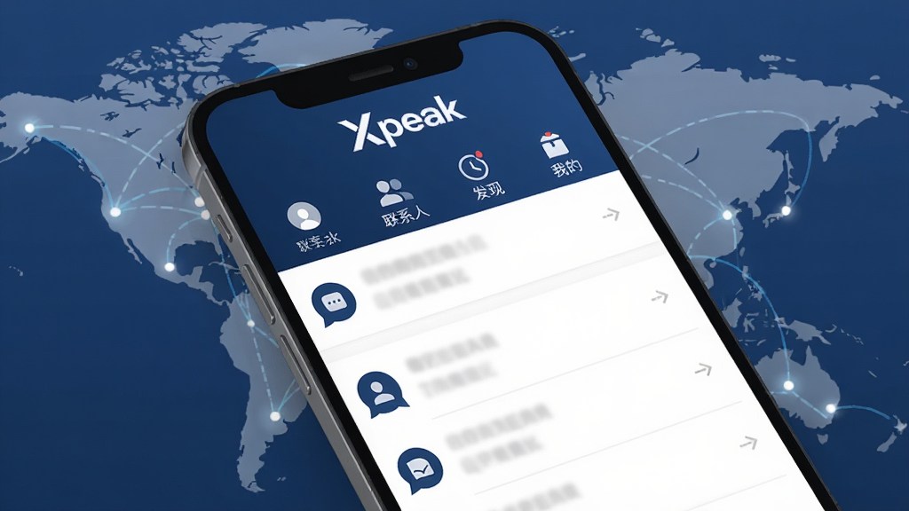 手机屏幕中展示Xpeak应用主界面,顶部为品牌Logo“Xpeak”,下方排列着聊天列表、联系人、发现和我的四个功能入口,界面采用深蓝色与白色搭配的现代扁平风格,背景有淡淡的全球地图连线图案,整体干净清爽,无多余元素,高清画质
