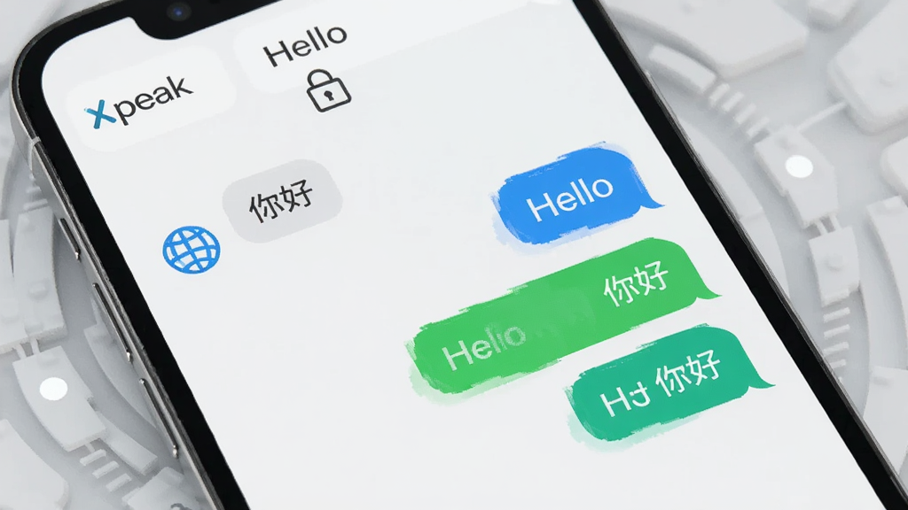 一部智能手机屏幕显示Xpeak聊天对话框,气泡中写有“Hello”“你好”等文字,旁边有地球图标和加密锁图标,背景为浅灰色科技纹理,风格简洁现代,画质清晰,干净无杂乱元素
