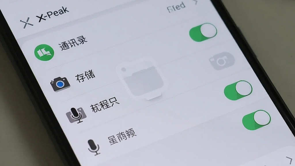 手机屏幕展示Xpeak权限设置页面,列表中有通讯录、存储、相机、麦克风等开关选项,背景为浅灰色,界面风格简洁,画质清晰,无多余元素
