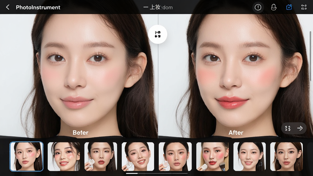 PhotoInstrument一键上妆功能界面,展示同一位女性人像的妆前妆后对比,妆后效果呈现自然腮红与唇彩,界面下方排列着多款妆容预设缩略图,风格清新明亮,高画质,干净整洁