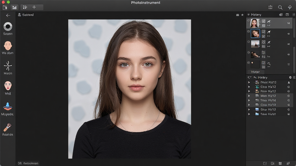 PhotoInstrument软件主界面全景展示,中央为一位年轻女性的半身人像照片正在被编辑,左侧竖排工具栏显示磨皮、祛痘、瘦脸、液化、上妆等功能图标,右侧显示图层缩略图与历史记录面板,界面采用深灰色专业风格,画面干净整洁,高分辨率,无多余元素