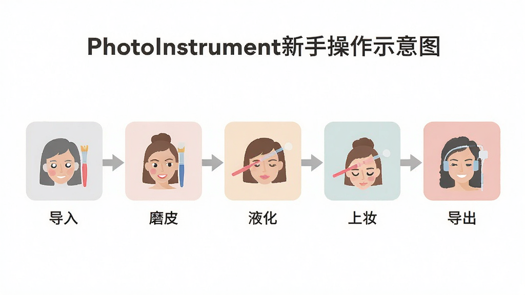 PhotoInstrument新手操作示意图,画面以流程图形式展示从导入照片到磨皮、液化、上妆、导出的完整步骤,每个步骤配以简洁图标和文字标注,整体风格扁平化,色彩柔和,高清晰度,无多余元素