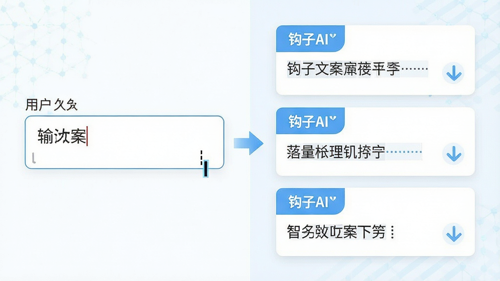 一张钩子AI智能文案生成功能的场景图,画面左侧是用户输入关键词的输入框,右侧是自动生成的多条文案卡片,卡片上有“钩子AI”标识,整体布局左右对比,风格为清新扁平化设计,色调以白色与浅蓝色为主,细节包含文字光标、生成箭头等元素,画质清晰,背景干净无多余装饰