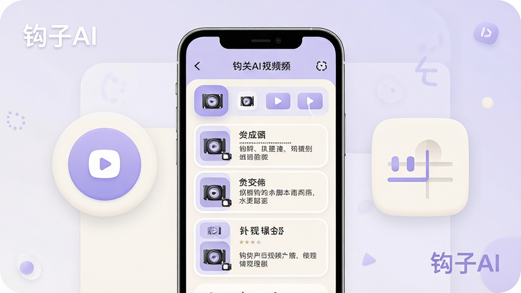 一张钩子AI短视频脚本辅助功能的示意图,画面中央是一部手机显示分镜脚本表格,表格旁有短视频播放按钮与时间轴图标,整体布局上下结构,风格为柔和圆角卡片式UI,色调以浅紫与米白为主,细节包含镜头图标与文字段落,画质高清,画面中带有“钩子AI”字样,背景简洁