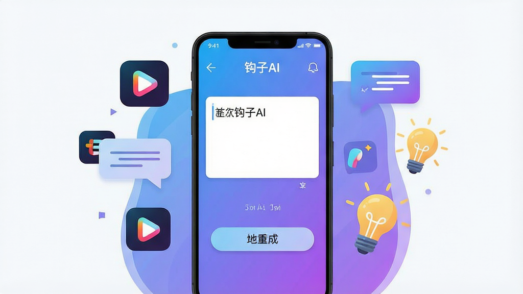 一张展示钩子AI手机应用界面的主视觉图,画面中央是一部竖屏安卓手机,屏幕内显示钩子AI的创作界面,包含文本输入框与生成按钮,手机周围环绕着短视频图标、文案气泡、创意灯泡等元素,整体布局居中对称,风格为现代科技感扁平插画,色调以蓝紫渐变为主,细节干净利落,画质高清,背景简洁无多余元素,画面中带有“钩子AI”字样