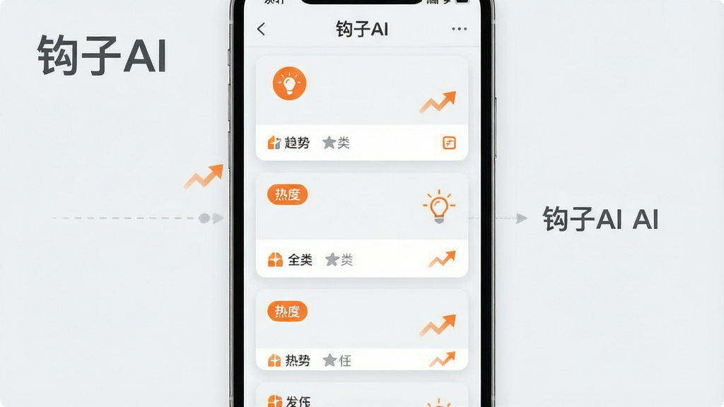 一张钩子AI灵感推荐功能的界面图,画面中手机屏幕显示多个选题卡片以瀑布流形式排列,每张卡片带有热度标签与分类图标,整体布局为竖向滚动列表,风格为现代简约风,色调以橙色与浅灰搭配,细节包含灯泡图标与趋势箭头,画质清晰,画面中带有“钩子AI”文字,背景干净