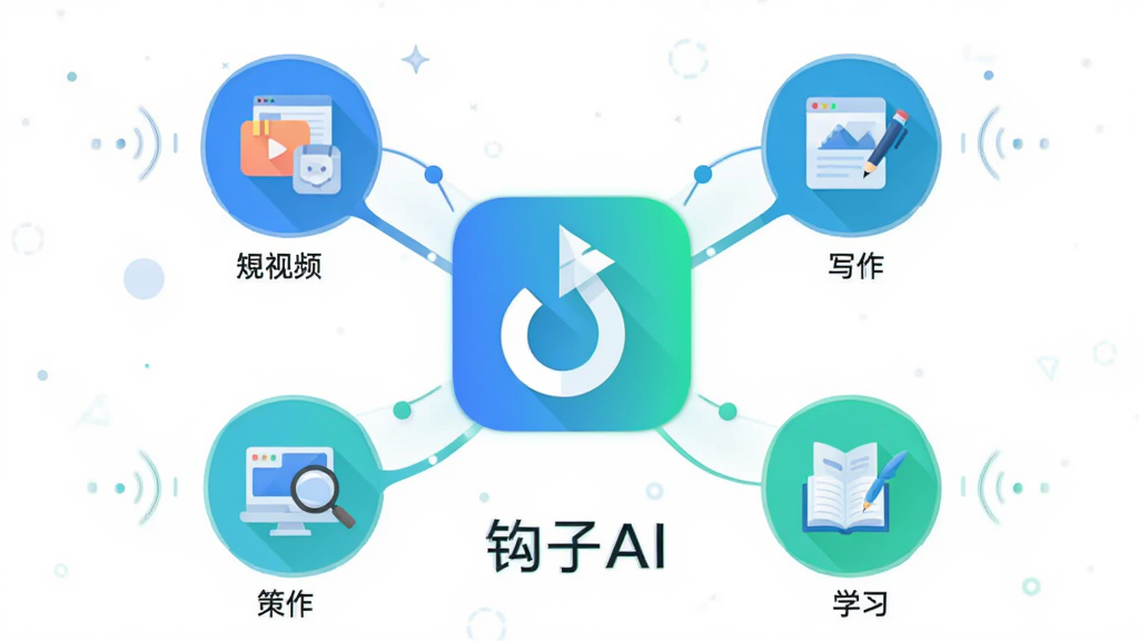 一张钩子AI多场景适配的概念图,画面中央是钩子AI应用图标,四周发散出短视频、写作、策划、学习四个场景小图标,整体布局呈放射状,风格为扁平插画,色调以蓝绿渐变为主,细节包含连接线与场景简图,画质高清,画面中带有“钩子AI”字样,背景简洁无多余元素