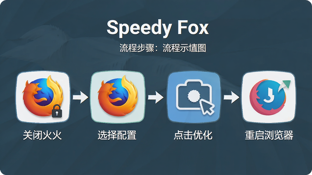 一张 SpeedyFox 使用步骤流程示意图,主体是四个步骤图标横向排列,布局为从左到右依次展示关闭火狐、选择配置、点击优化、重启浏览器,排版简洁,风格为清新扁平化教程风,细节包括每个步骤配小图标和简短文字说明、箭头连接,画质清晰,画面干净,无多余元素。