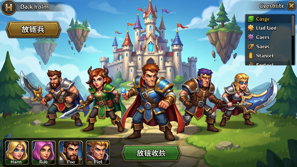 放置奇兵游戏主界面截图,画面中央是五位英雄组成的战斗阵容,背景为奇幻城堡与漂浮岛屿,界面包含挂机收益领取按钮、英雄头像栏、任务列表,风格为欧美卡通奇幻画风,色彩明亮,细节丰富,画质高清,干净无多余元素