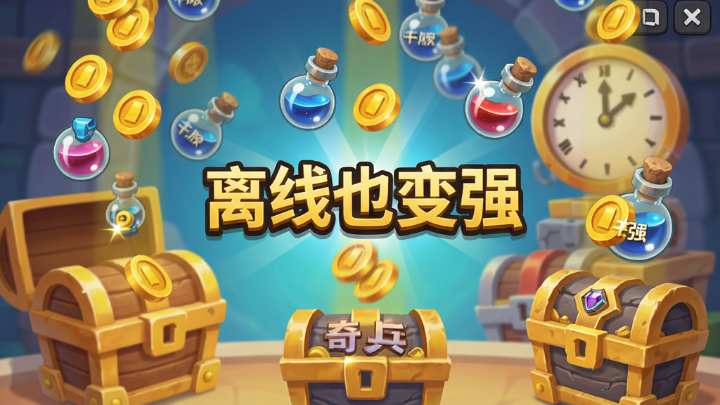 放置奇兵离线收益领取界面,画面显示大量金币、经验药水、装备宝箱从屏幕上方倾泻而下,背景为卡通风格的宝箱与时钟,突出“离线也变强”的概念,风格活泼明快,画质清晰,干净无多余元素