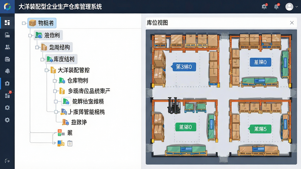 一张展示多仓库与库位精细化管理的AI生图,画面主体为“大洋装配型企业生产仓库管理系统”的仓库结构树和库位视图,左侧显示多个仓库名称,右侧显示货架和库位平面示意图,部分库位标有物料名称和数量,整体布局为树形加图形化展示,风格为现代管理软件界面,细节包括图标、标签、色块,画质清晰,干净,无多余元素