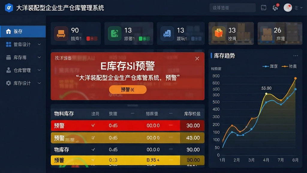 一张展示实时库存监控与预警功能的AI生图,画面主体为“大洋装配型企业生产仓库管理系统”的库存看板界面,界面中央有醒目的库存预警提示框,下方是物料库存列表,部分行以红色和黄色高亮显示预警状态,右侧有库存趋势折线图,整体布局为仪表盘风格,细节包括数字、图标、色块,画质清晰,干净,无多余元素