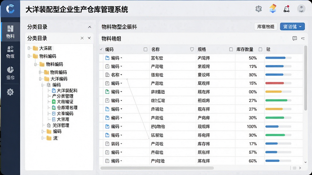 一幅表现智能物料编码与分类管理的AI生图,画面主体是“大洋装配型企业生产仓库管理系统”的软件界面,界面中展示物料编码树状分类结构,左侧是分类目录,右侧是物料明细表格,表格中有编码、名称、规格、库存数量等列,整体布局清晰,风格为现代商务软件界面,细节包括图标、标签、数据条,画质高清,干净,无多余元素