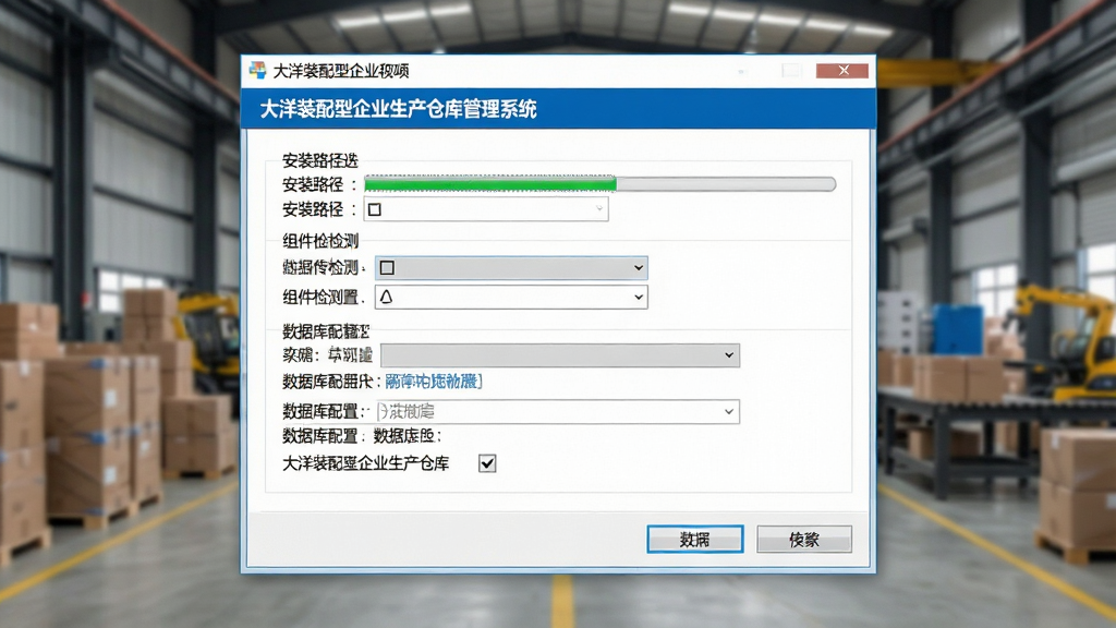 一张展示大洋装配型企业生产仓库管理系统新手安装与配置界面的AI生图,画面主体是软件安装向导窗口,窗口标题为“大洋装配型企业生产仓库管理系统”,界面中包含安装路径选择、组件检测、数据库配置等步骤,整体布局为向导式对话框,风格为Windows安装程序界面,细节包括进度条、按钮、复选框,画质清晰,干净,无多余元素