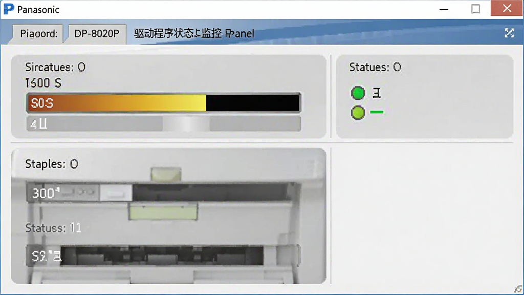 松下DP-8020P驱动程序状态监控面板界面,主体为软件窗口显示打印机状态信息,布局为上下结构,排版简洁,风格清爽,细节包括墨量条和状态指示灯,画质清晰,干净,无多余元素