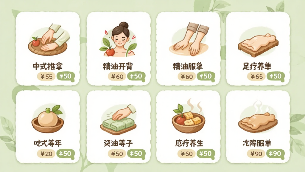 画面主体为一张展示多种按摩服务项目的卡片式界面,包括中式推拿、精油开背、足疗养生等图标,布局采用网格排列,风格为清新柔和的插画风格,细节包括每个项目配有简洁图标和价格标签,背景为淡雅的浅绿色,画质为高清,干净无多余元素