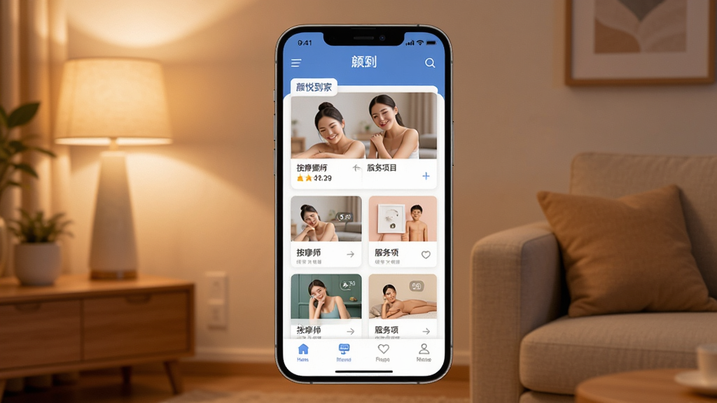 画面主体为一部智能手机,屏幕显示颜悦到家APP首页界面,页面中有按摩师列表和服务项目卡片,背景是温馨的家庭客厅环境,布局采用居中构图,风格为现代简约扁平化设计,细节包括手机圆角边框、柔和的暖色调灯光、沙发一角,画质为高清4K,干净无多余元素
