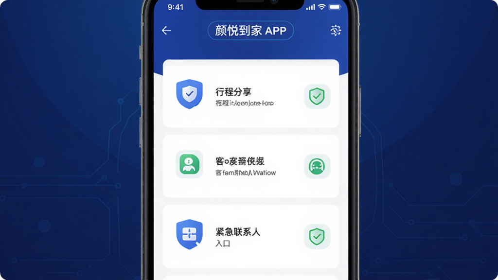 画面主体为手机屏幕显示颜悦到家APP的安全中心页面,包含行程分享、紧急联系人、客服入口等功能图标,布局采用纵向列表排列,风格为科技感扁平设计,细节包括盾牌图标、绿色安全标识,背景为深蓝色渐变,画质为高清,干净无多余元素