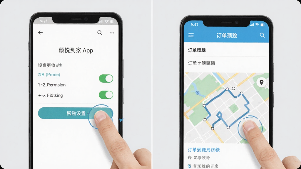 画面主体为一部安卓手机屏幕显示颜悦到家APP的权限设置页面和订单跟踪界面,旁边有手指点击操作的示意,布局采用左右分栏,风格为科技教学风格,细节包括权限开关图标、订单地图轨迹,背景为浅灰色,画质为高清,干净无多余元素