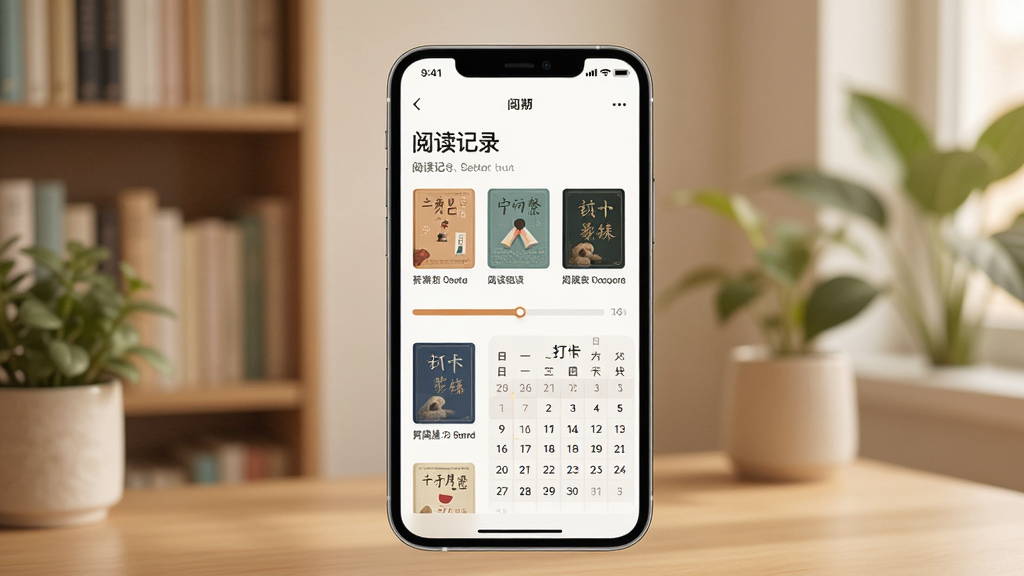 一张以“阅读记录”应用为主题的手机界面展示图,画面中央放置一部智能手机,屏幕显示阅读记录应用的主页,包含书籍封面缩略图、阅读进度条和打卡日历,背景为温馨的书房场景,有书架和绿植点缀,整体色调柔和温暖,风格清新简约,画质清晰,干净无多余元素
