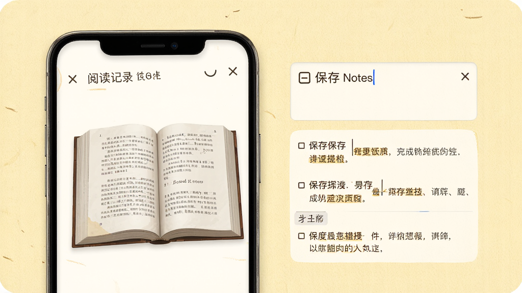 一张展示“阅读记录”应用笔记功能的界面图,手机屏幕中显示一本翻开的电子书,旁边有笔记输入框和已保存的摘抄列表,背景为淡黄色纸张纹理,风格温暖文艺,画质清晰,画面干净无杂乱元素