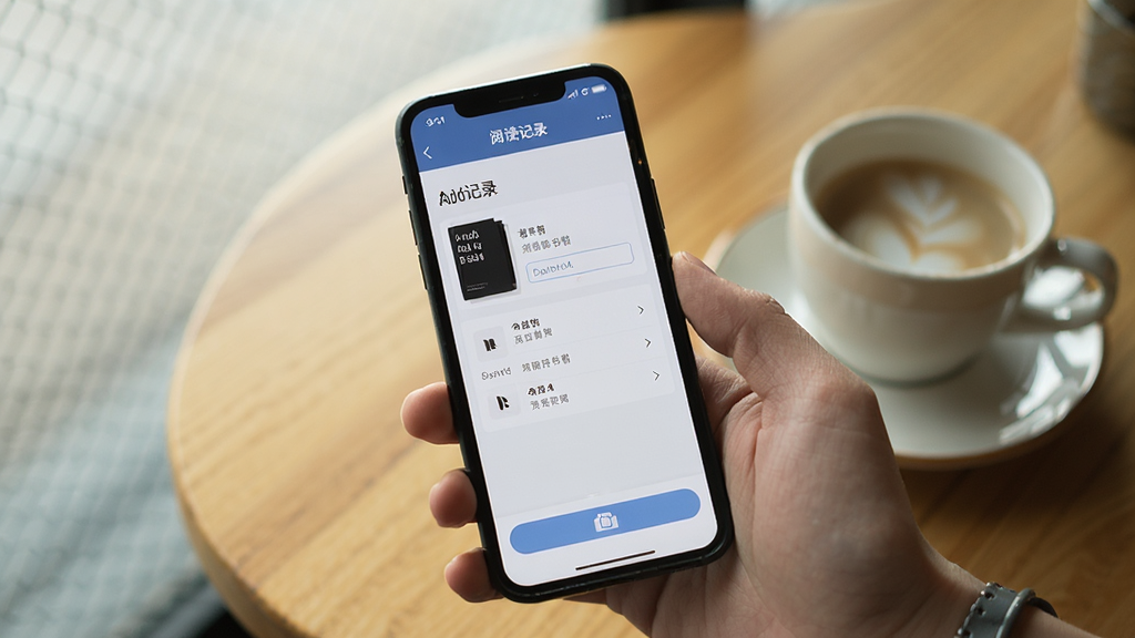 一张展示“阅读记录”应用在手机上操作界面的实拍风格图片,画面中一只手拿着手机,屏幕显示阅读记录添加书籍的界面,背景为木质桌面和一杯咖啡,光线柔和自然,风格生活化,画质清晰,画面干净