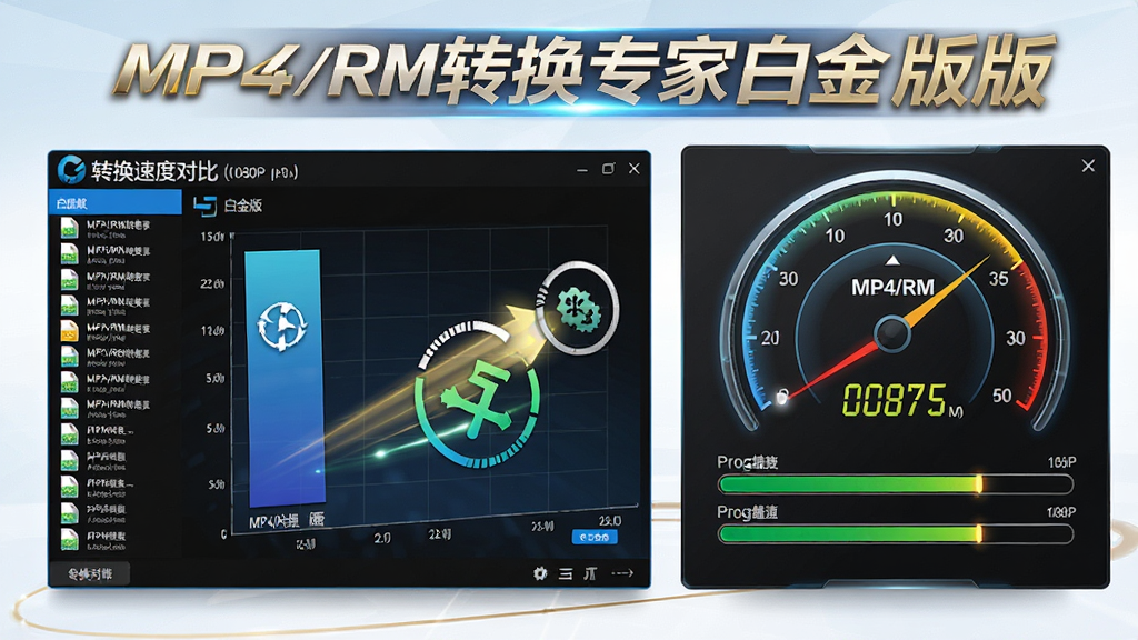 一张展示MP4/RM转换专家 白金版高速转换性能的图片,主体是软件转换速度对比图表和多个视频文件同时转换的界面,布局为左右分栏左侧显示文件列表右侧显示速度仪表盘,排版突出速度感,风格为动感科技风格,细节包括