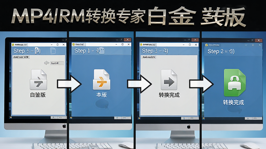 一张展示MP4/RM转换专家 白金版新手操作流程的图片,主体是电脑屏幕显示软件从添加文件到转换完成的四步操作截图,布局为横向四格排列展示操作步骤,排版清晰直观,风格为教程图解风格,细节包括