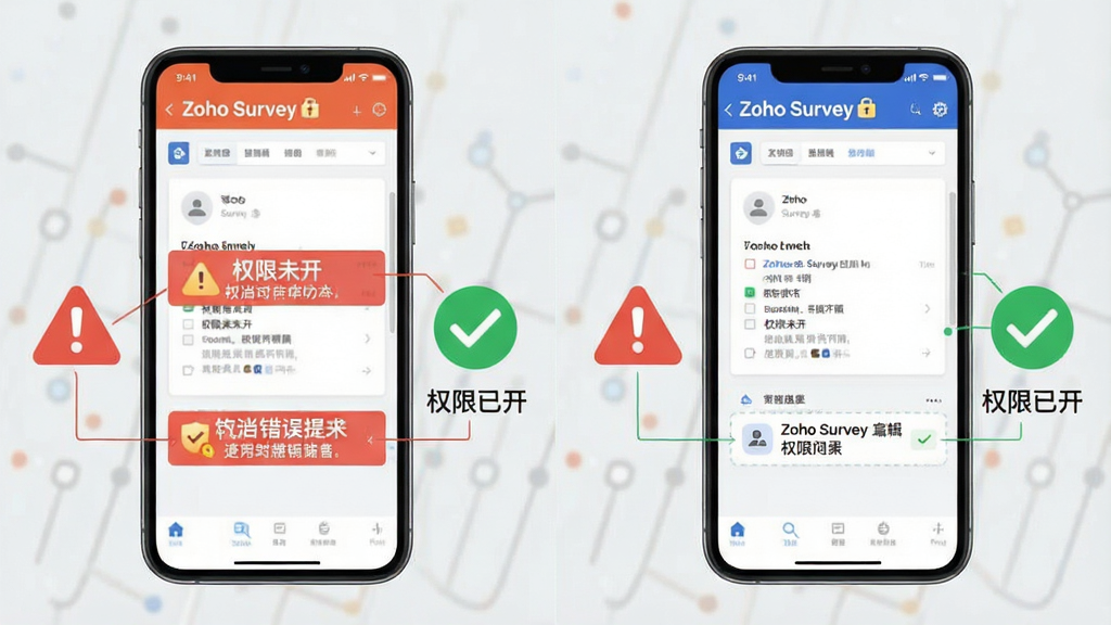主体为手机屏幕显示Zoho Survey问卷编辑界面,旁边有红色警示图标与绿色对勾图标;布局采用左右对比形式,左侧为常见错误提示,右侧为正确操作示范;排版清晰;风格为信息图表风;细节上屏幕内写着“Zoho Survey”,警示图标旁标注“权限未开”,对勾旁标注“权限已开”,背景为浅灰;画质干净,无多余元素