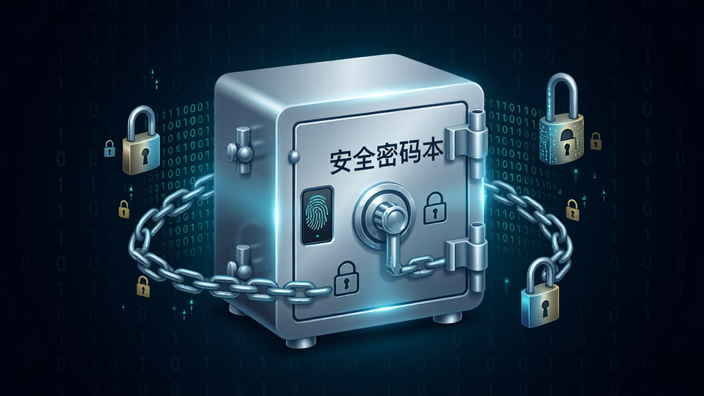 一张表现安全密码本本地加密机制的示意图,画面主体为一个发光的金属保险箱,保险箱表面刻有安全密码本字样,箱体周围环绕着数字锁链和二进制代码流。布局为保险箱居中,背景为深色渐变。风格为科技感概念插画,细节包括保险箱上的指纹识别模块和加密符号,画质高清,干净利落,无多余装饰。