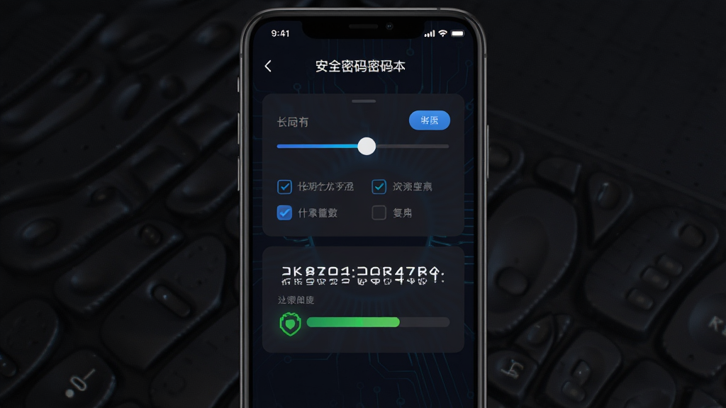 一张安全密码本密码生成器功能界面图,画面为手机屏幕,屏幕中央显示一个密码生成器面板,包含长度滑块和字符类型勾选项,下方显示一串随机生成的复杂密码。布局为居中,背景为深色。风格为科技工具类UI展示,细节包括高亮按钮和密码强度指示条,画质清晰,无多余元素。