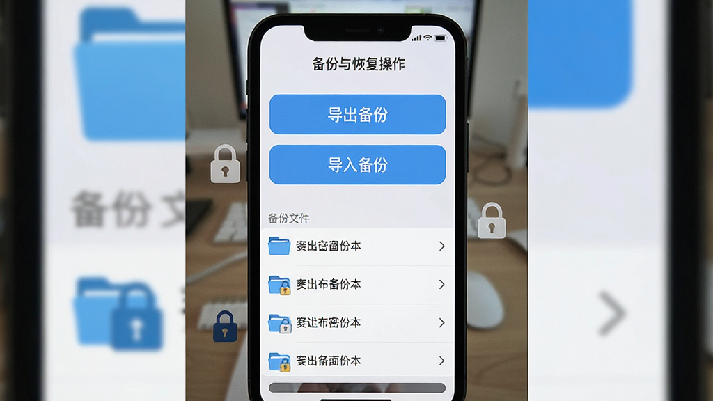一张安全密码本数据备份与恢复操作界面的手机截图,画面为手机屏幕,屏幕内显示备份与恢复菜单,包含导出备份和导入备份两个大按钮,下方有备份文件列表。布局为居中,背景为浅色。风格为简洁工具类UI展示,细节包括文件夹图标和加密锁标识,画质清晰,无多余元素。