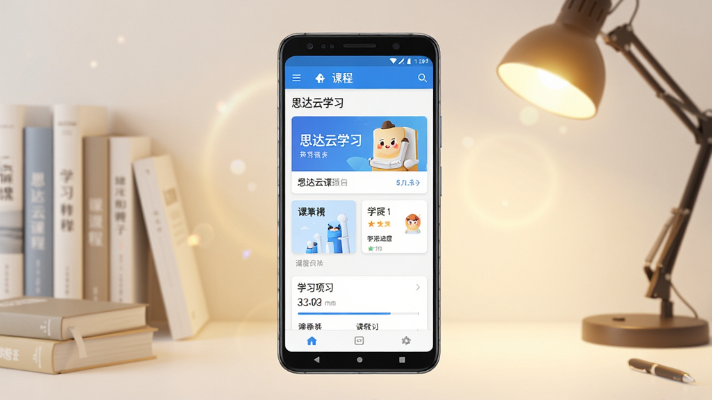 一张展示思达云学习手机应用主界面的效果图,画面中央是一部竖屏安卓手机,屏幕内呈现“思达云学习”的课程列表与学习进度卡片,背景为明亮温馨的书房环境,布局简洁居中,风格清新现代,细节包括书本、台灯与柔和光晕,画质清晰,干净,无多余元素