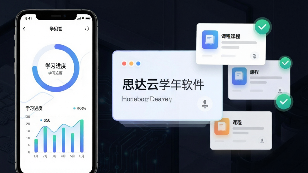 思达云学习软件功能展示图,画面左侧为手机屏幕显示学习进度环形图与柱状统计,右侧漂浮着课程卡片与对勾图标,主体居中,布局左右平衡,风格扁平化科技感,细节包括数据线条与柔和渐变,画质清晰,干净,无多余元素