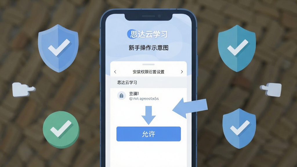 思达云学习新手操作示意图,画面中央是一部手机显示安装权限设置界面,旁边有箭头指向“允许”按钮,周围有盾牌与对勾图标,布局清晰,风格扁平化安全主题,细节包括柔和蓝色调与简洁线条,画质清晰,干净,无多余元素