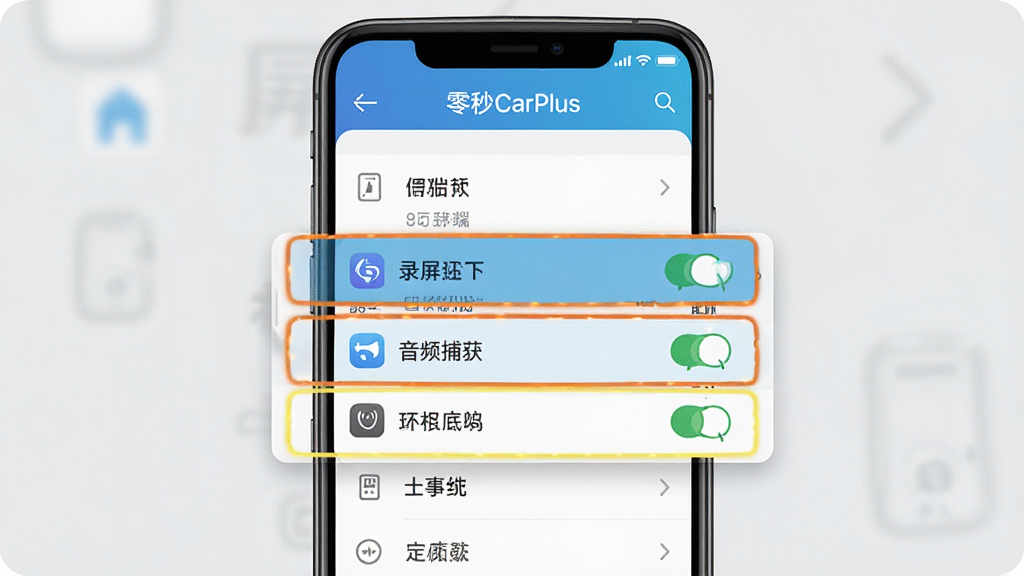 一张展示零秒CarPlus手机端权限设置界面的截图风格图片,画面中手机屏幕显示权限管理列表,悬浮窗、录屏、音频捕获等权限项被高亮标注,背景为浅灰色,界面风格简洁,带有