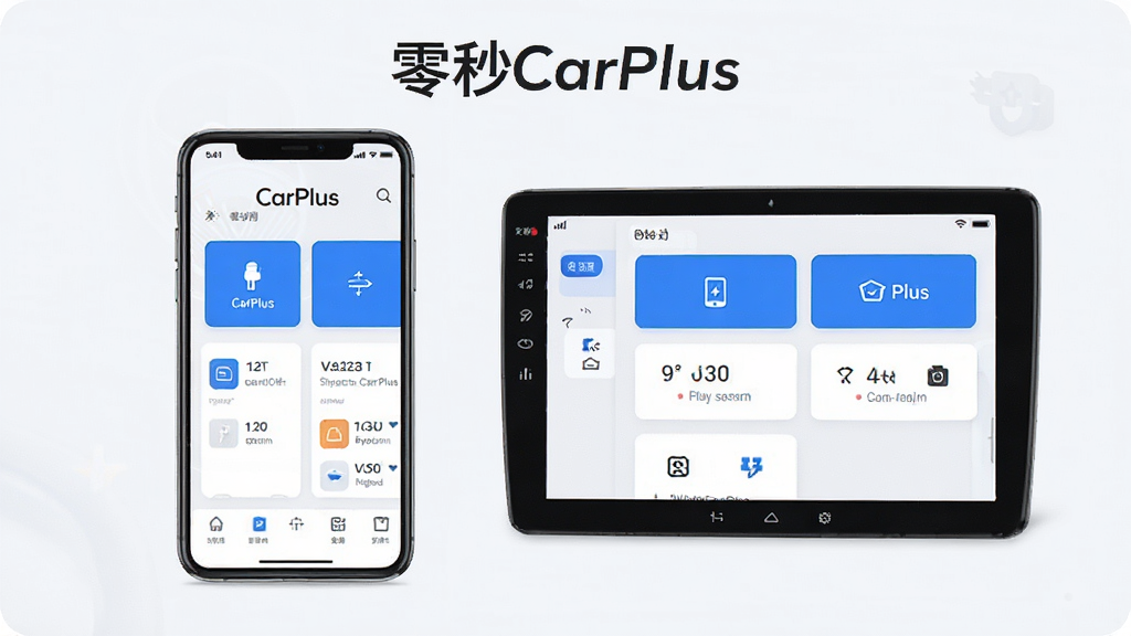 一张零秒CarPlus界面简洁易用特点的展示图,画面中一部手机和一块车机屏幕并排显示相同的简洁界面,界面以卡片式布局呈现,主要按钮用醒目的蓝色标注,背景为浅色,整体风格清新简约,画面中可带有