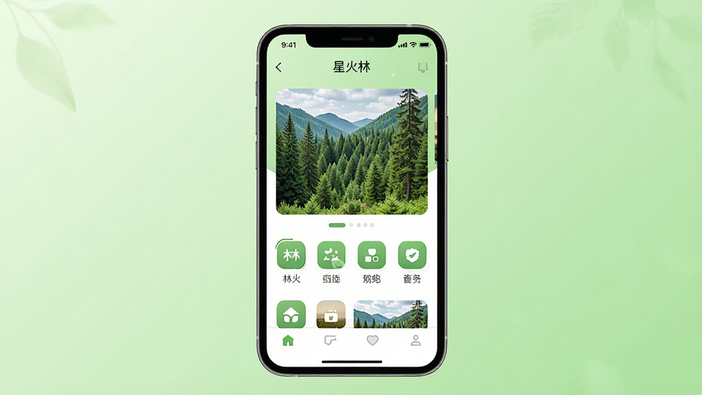 一张干净简洁的手机应用界面展示图,画面中央放置一部智能手机,屏幕上显示“星火林”应用首页,包含林场风景缩略图、功能图标和导航栏,背景为浅绿色渐变,风格清新自然,细节包括图标圆角、文字清晰,画质高清,无多余元素