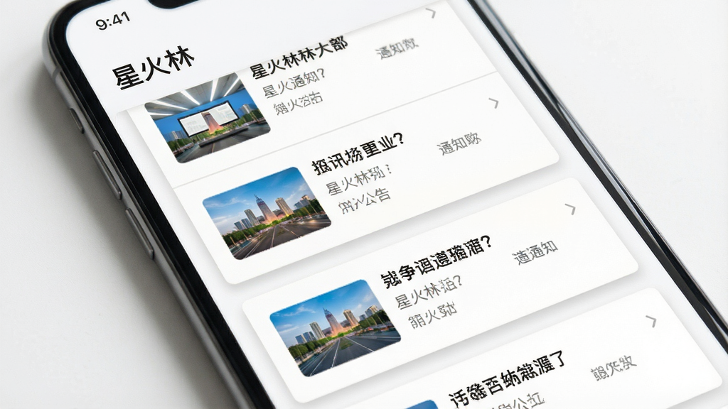 一张手机屏幕特写图,屏幕上显示“星火林”资讯列表页面,包含多条通知公告卡片,每张卡片有标题和缩略图,背景为白色,风格简约商务,细节包括卡片阴影和分割线,画质清晰,无多余元素