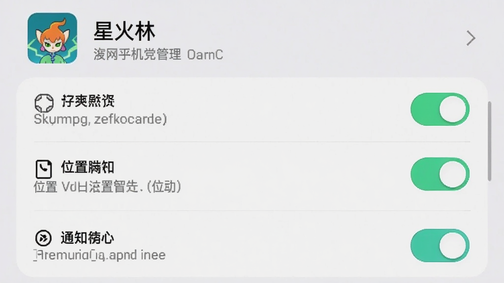 一张展示手机权限设置界面的图片,画面中显示“星火林”应用的权限管理页面,包含存储、位置、通知等开关选项,背景为浅灰色,风格简洁明了,细节包括开关状态和文字说明,画质清晰,无多余元素